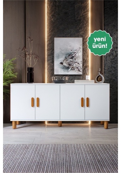Bohem Serisi Riva Modern 160 Cm 4 Kapaklı Salon Konsolu - Beyaz