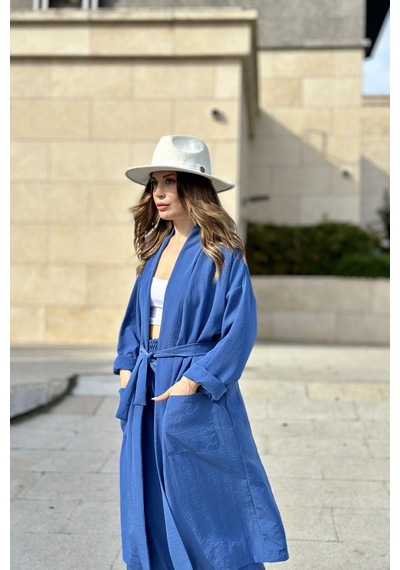 WeShaya Kadın İndigo Çift Cepli Uzun Kimono & Bol Paça Pantolon - Salaş Alt & Üst Takım Indigo