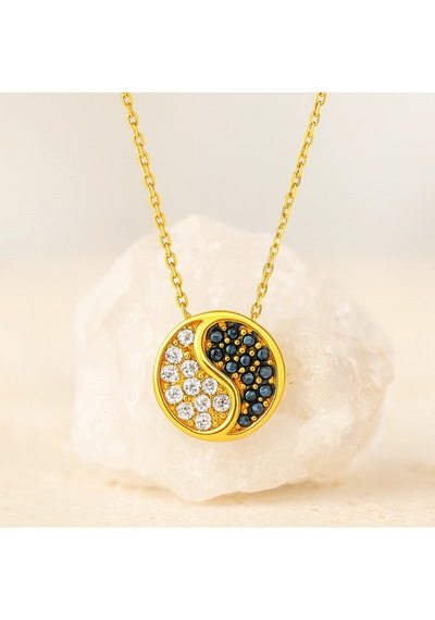 14 Ayar Altın Yin Yang Madalyon Kolye Siyah Oniks Mini Denge Kolye Altın