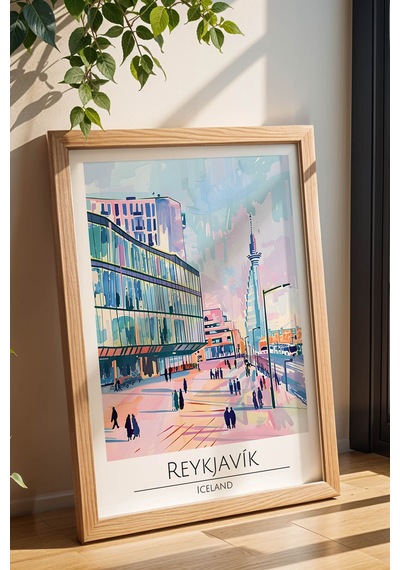 İzlanda Reykjavik Temalı Çerçeveli Tablo Travel Serisi Modern İllüstrasyon Şehir Duvar Dekoru Kayın