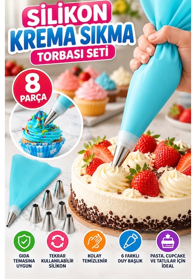 8 Parça Silikon Krema Sıkma Torbası Seti 6 Metal Duy Başlıklı Pasta Kek Cupcake Süsleme Aparatı Seti Çok Renkli