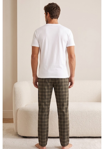 Siyah İnci Desenli Baskılı Örme Kısa Kollu Pijama Takım 8004 Ekru Ağaç