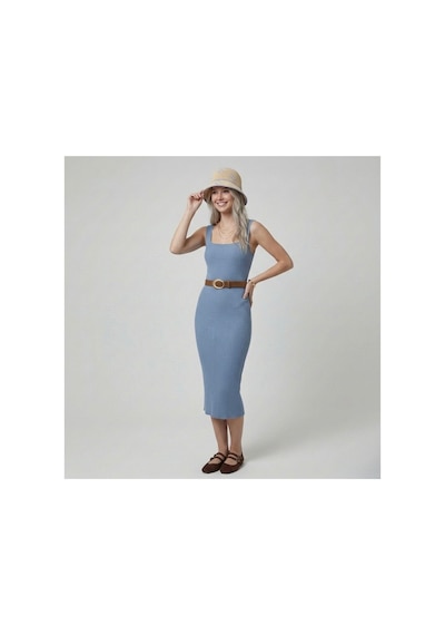 Neden Tekstil Premium Fit Kare Yaka Fitilli Triko Midi Elbise - Mavi