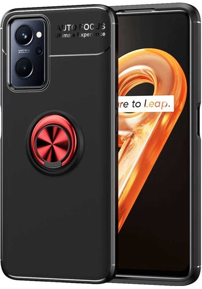 Noktaks - Oppo A96 4g Uyumlu Kılıf Koruyucu Yüzüklü Karbon Ravel Silikon Kapak - Siyah-kırmızı - T22874