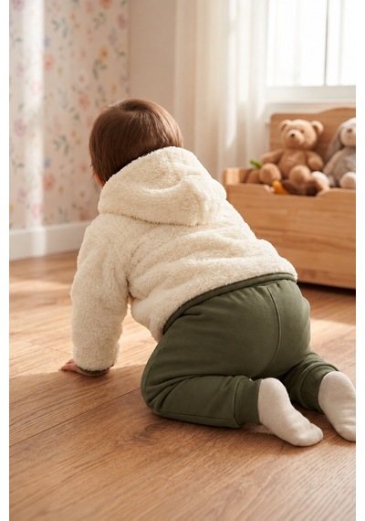 Ahengim Ayıcık Detaylı Kapüşonlu Peluş Hırkalı Bebek Alt Üst Takım 2 Parça Ak324905 Haki