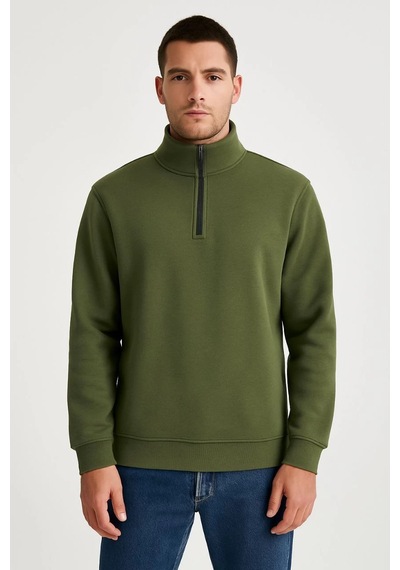 Barlashive Erkek Dik Yaka Sweatshirt Dik Yaka Yarım Fermuarlı 3 İplik Şardonlu Pamuk Kumaş - Haki Çok Renkli