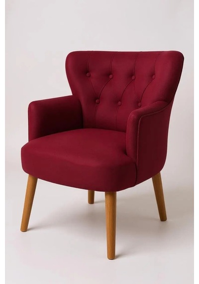Waterybrook Tekli Berjer Koltuk - Kapitoneli Babyface Kumaş - Ceviz Ahşap Ayaklı - Retro Modern Tasarım Bordo