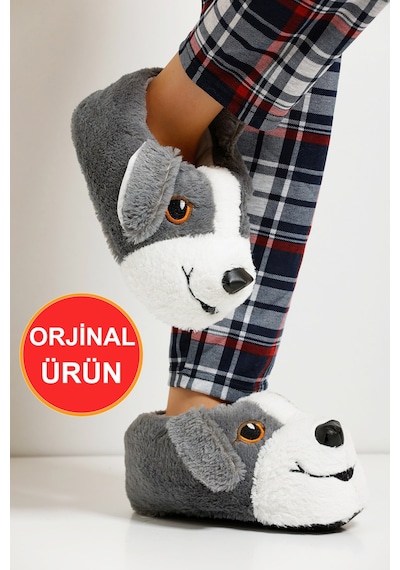 Devida Yumuşak Taban Sevimli Köpek Panduf Gri - Beyaz Beyaz - Gri