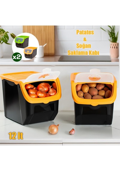 1506 Turuncu 2'li Çok Amaçlı Plastik Patates Soğan Sarımsak Saklama Kutusu 12 L Çok Renkli