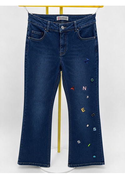 Büyük Beden Taşlı Denim Kadın Pantolon Lacivert