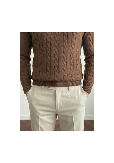 Cool Tarz Erkek Bisiklet Yaka Slim Fit Saç Örgülü Triko Kazak Kahverengi Kahverengi