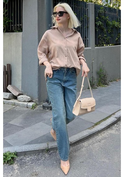 Madmext Bej Uzun Kollu Çizgili Oversize Gömlek Mg2080-bej Bej