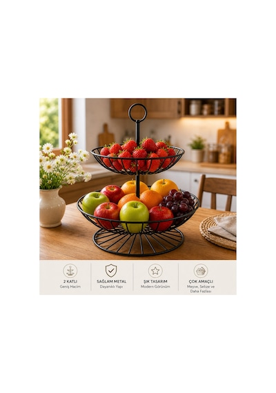 2 Katlı Metal Meyve Sepeti Siyah Geniş Hacimli Çok Amaçlı Meyvelik Sebzelik Sunum Standı Kaymaz Ayaklı Modern Mutfak Organizer Diğer