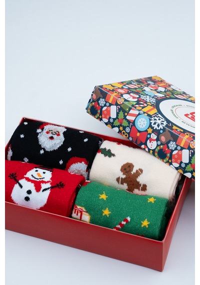 Stocalze Unisex Soket Çorap. Noel Ve Yılbaşı Temalı 4 Farklı Desenli Ve Renkli Kutulu Pamuklu Çorap Seti. Kırmızı - Yeşil - Ekru - Siyah