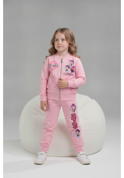 Karakter Baskılı Penye Ceketli - Penye Sweatshirt - Penye Pantolonlu Kız Çocuk 3lü Takım 261010 Lila