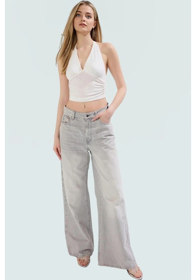 Ersefa Vücuda Oturan Boyundan Bağlamalı Crop Bluz Polyester Elastan Sand Ekru