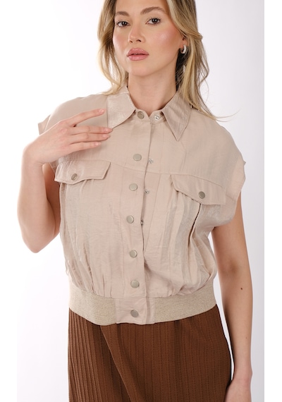 Ysatis Minimalist Kolsuz Crop Yelek - Gömlek Yaka Bej