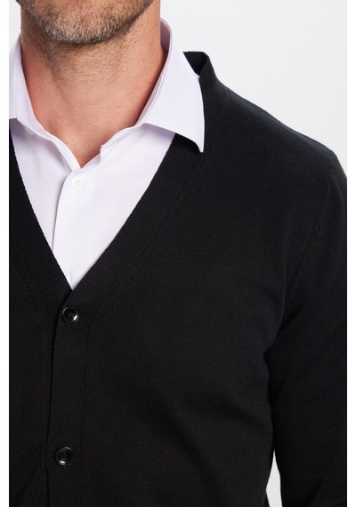 Tudors Erkek Slim Fit Düğmeli Düz Pamuk Siyah Hırka-12697 Siyah