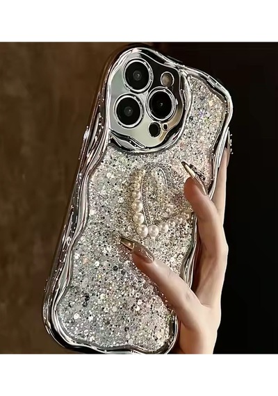 Caş Dekorasyon Gümüş Renk Kalp Figürlü Simli 14 Pro Max Telefon Kılıfı Gümüş