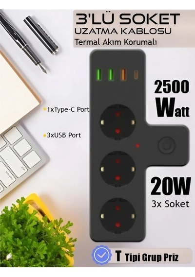 Termal Akım Korumalı Soket Priz Çoğaltıcı Kablosuz Çoklayıcı 2500w 3xusb 2.4a 1xtype-c Diğer