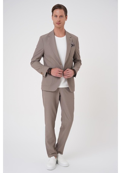 Efor Comfort Fit Mono Yaka Çift Yırtmaç Torba Cep Gofre Kumaş Casual Vizon Ceket C 703 Vizon