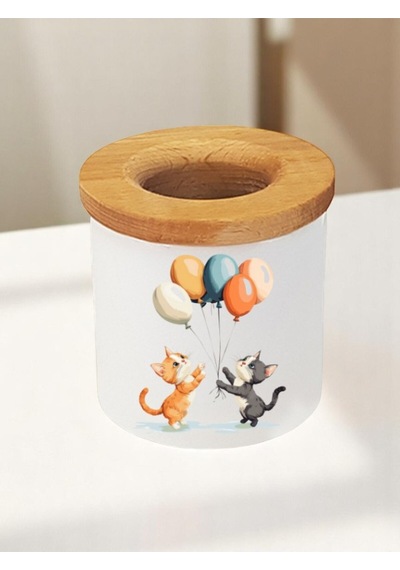 Balonlu Kedi Baskılı 3'lü Seramik Masaüstü Kalemlik Kalem Kutusu Beyaz