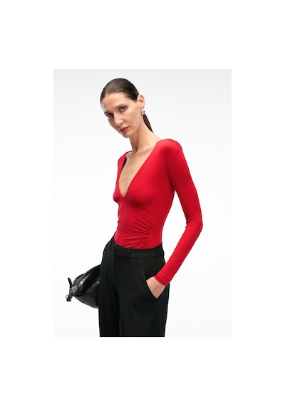 Grımelange TEVRINE Kadın Kruvaze Yakalı Esnek Kumaşlı Uzun Kollu Çıtçıt Kapamalı Slim Fit Kırmızı Bluz