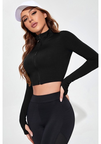 Angbutik Kadın Siyah Uzun Kol Fermuarlı Parmak Geçme Detaylı Dik Yaka Crop Top Bluz