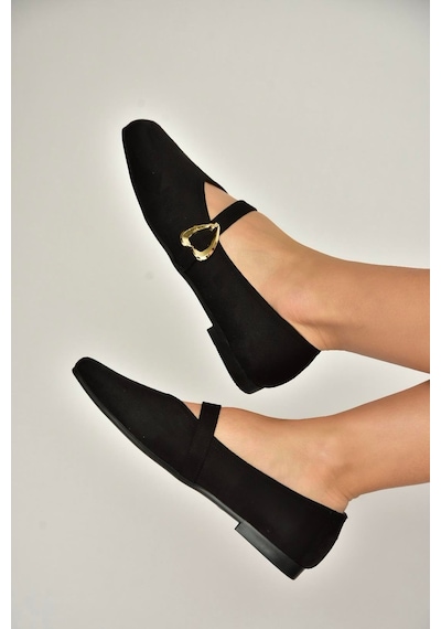 Fox Shoes Y726632602 Siyah Süet Kalp Toka Detaylı Kadın Babet Siyah