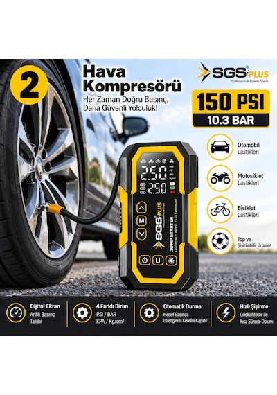Sgs Plus 4'ü 1 Arada Akım Korumalı Akü Takviye Cihazı 12.000 Mah Powerbank, 150 Psı Lastik Şişirme, Led Fener