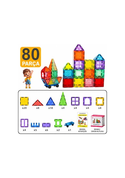 Arabalı 80 Parça 7.5cm Büyük Boy Manyetik Blok Seti | Güçlü Mıknatıslı Zeka Geliştirici Eğitici Oyuncak