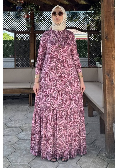 Rabia Şamlı Rengin Şal Desenli Gömlek Elbise Fuşya Normal