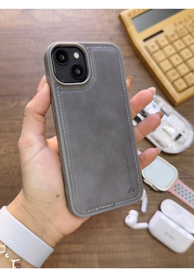 Apple iPhone 14 Uyumlu Premium Deri Dokulu Darbelere Karşı Dayanıklı Nazal Silikon Kılıf Gri