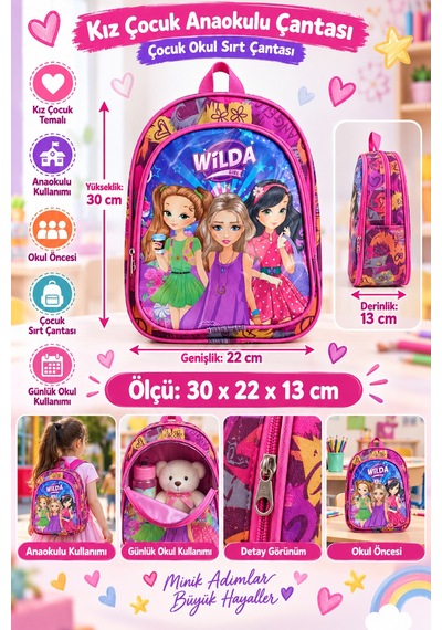 Wilda Girl Anaokulu Okul Çantası Çocuk Sırt Çantası Günlük Okul Kullanımı 30 X 22 X 13 Cm Çok Renkli