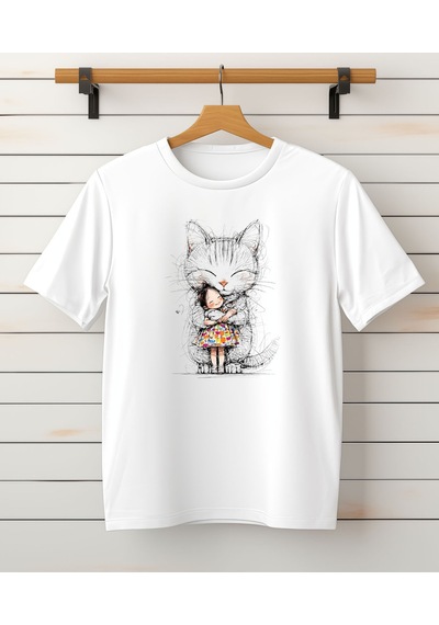 Aselinda Kedi Ve Kız Baskılı Beyaz Bisiklet Yaka Unisex Tişört Beyaz