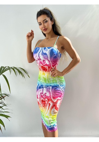 Pink Life Trend Rummer Desing Sandy Kumaş Midi Elbise