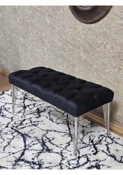 Zafir Krom Tel Ayaklı 90 Cm Puf Bench - Puf - Bench - Kasalı Oturak - Oturak - Yatak Ucu Puf Siyah