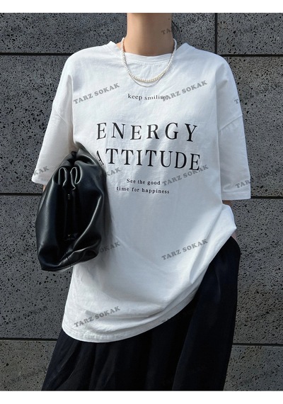 Startmore Energy Baskılı Oversize Kalıp Unisex T-shirt Beyaz