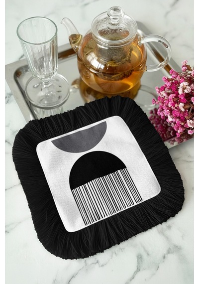 Geometrik Modern Stil Saçaklı Sunum Peçetesi - Minimalist Siyah Beyaz Etnik Bardak Altlığı Mendil Çok Renkli