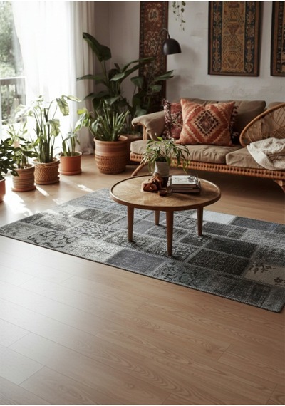 Modern Bohem Stil Vintage Halı Özel Tasarım Patchwork Koleksiyonu Gri