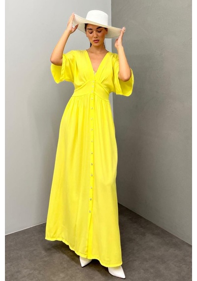 Madmext Sarı V Yaka Düğmeli Elbise Mg2339 Sarı