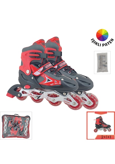 Vr1 - Metal 2+2 Işıklı 3in1 Ayarlanabilir Çocuk Pateni 2+1+1 / 2+2 Silikon Tekerli Uç Korumalı Kırmızı