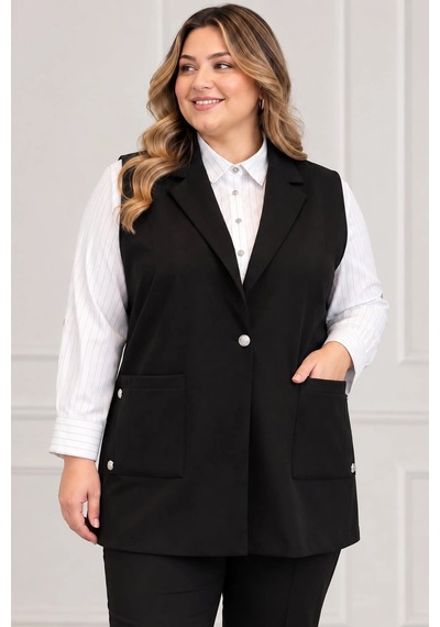Lady Majestic Kadın Büyük Beden Şık Viskon Yelek Klasik Yaka Düğmeli Cep Detaylı Yelek Siyah Lady Majestic Kadın Büyük Beden Şık Viskon Yelek Klasik Yaka Düğmeli Cep Detaylı Yelek Siyah