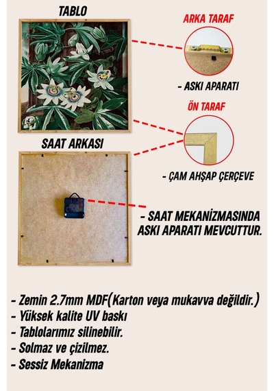 Ahşap Çerçeveli Mdf Tablo Seti Kedi Saat & Botanik Görsel 3 Lü Kombin Renkli