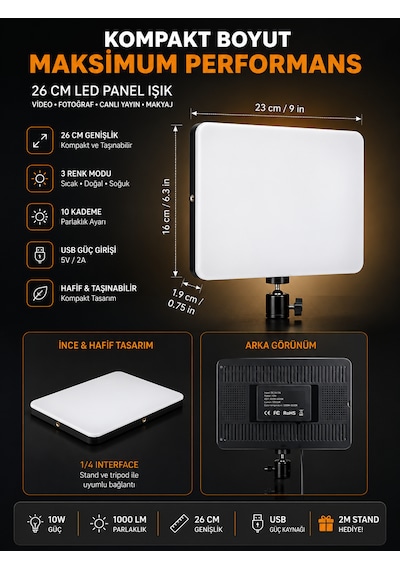 Profesyonel 26cm Led Işık 3 Renk Modlu 2 Metre Tripod Standlı Ayarlanabilir Masa Lambası Aydınlatma