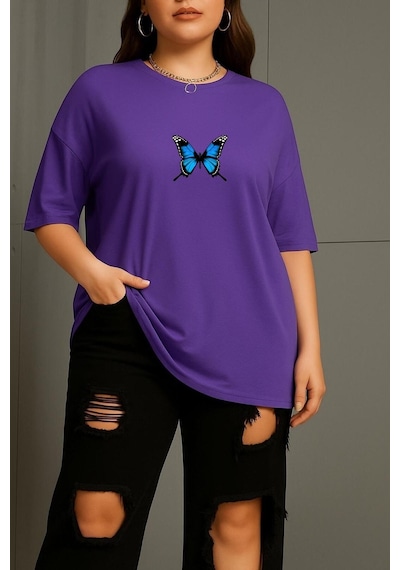 Büyük Beden Kelebek Baskılı Unisex Tişört Mor