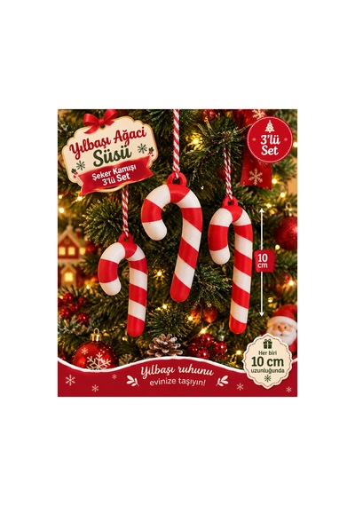 Yılbaşı Ağacı Süsü Şeker Kamışı 3 Lü Set 10 Cm Kırmızı Beyaz Noel Ağacı Süsü