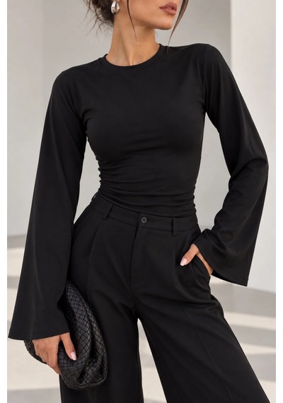 Bb Butik Basic Kadın İspanyol Kol Fit Bluz Zg3535 siyah