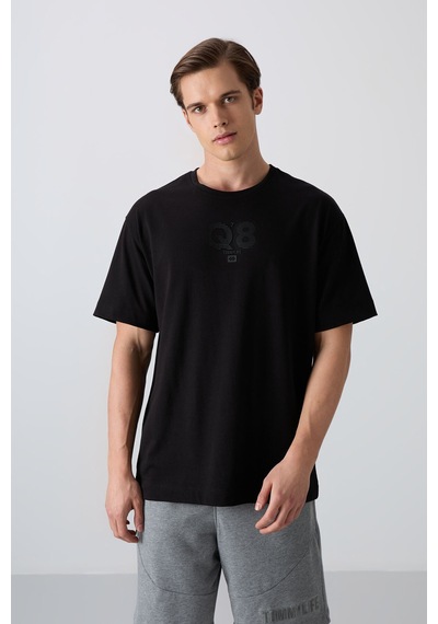 Tommy Life Siyah Pamuklu Kalın Yumuşak Dokulu Oversize Fit Baskılı Erkek T-shirt - 88333 Siyah