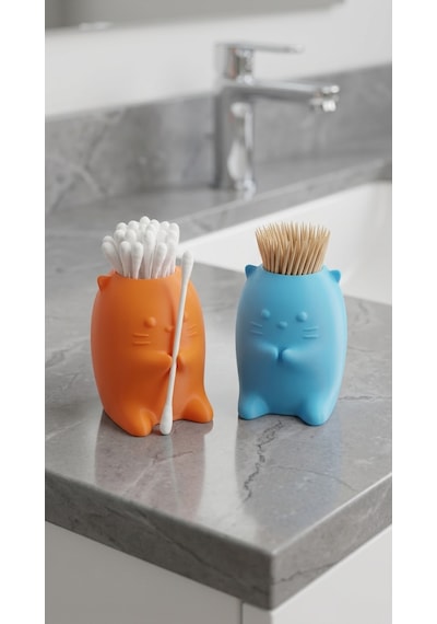 Sevimli Kedi Figürlü Kulak Çubuğu Ve Kürdanlık Standı - Banyo & Mutfak Masaüstü Organizör